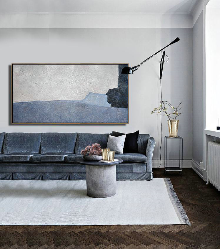 Oversized Canvas Art On Canvas,Hand Painted Panoramic Contemporary Art Canvas Painting,Colorful Wall Art,Grey,Black,Light Blue.etc